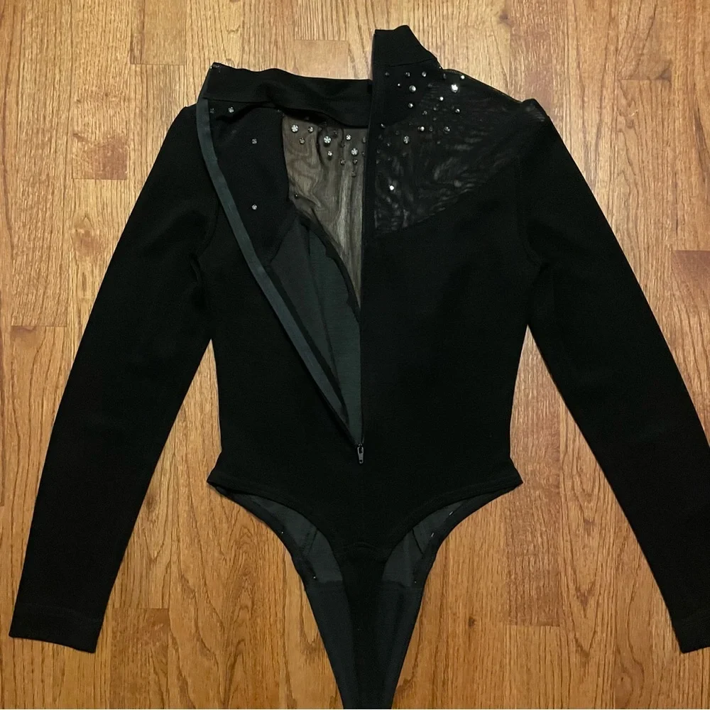 Tadashi Black Long Sleeve Rhinestone Embellished Mesh Thong Bodysuit size M - Picture 8 of 14